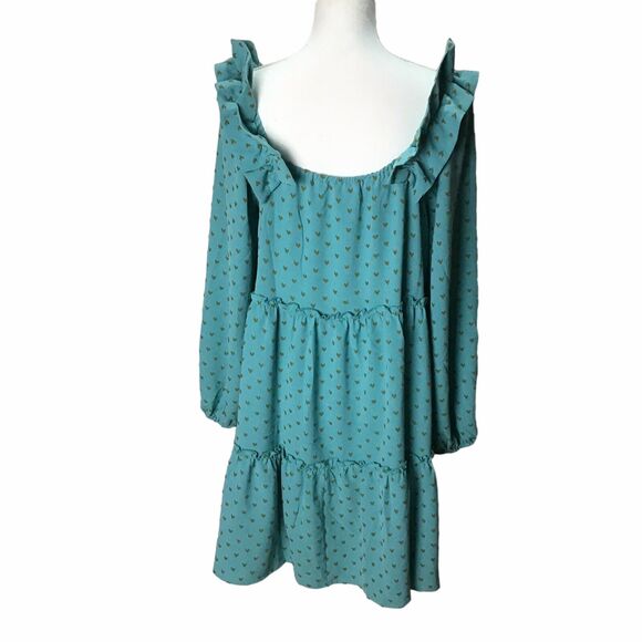 J.O.A. Women’s Size Medium Teal Ruffle Tiered Mini Dress Long Sleeve Style 15062 - Picture 8 of 16